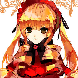 Rule 34 | 1girl, blonde hair, blush, bonnet, bow, dress, drill hair, flower, green eyes, kumatangent, long hair, looking at viewer, open mouth, ribbon, rose, rozen maiden, shinku, simple background, smile, solo, twintails, very long hair