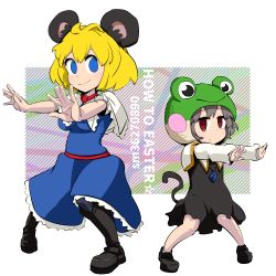 Rule 34 | 2girls, alice margatroid, animal ears, animal hood, black footwear, blue dress, blush, boots, breasts, capelet, closed mouth, commentary request, cookie (touhou), crystal, dress, expressionless, flat chest, frog hood, full body, gram 9, grey dress, grey hair, hood, jewelry, kofji (cookie), long sleeves, looking at viewer, medium breasts, mouse ears, mouse girl, mouse tail, multiple girls, nazrin, outstretched hand, pantyhose, pendant, shirt, shoes, short hair, smile, socks, tail, touhou, web (cookie), white capelet, white legwear, white shirt