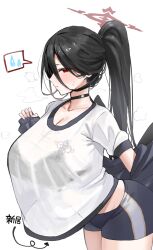 Rule 34 | 1girl, absurdres, black bra, black choker, black hair, blue archive, blush, bra, bra visible through clothes, breasts, choker, cleavage, collarbone, gym shirt, halo, hasumi (blue archive), hasumi (track) (blue archive), highres, horn/wood, huge breasts, jacket, jacket partially removed, looking at viewer, mole, mole under eye, official alternate costume, ponytail, red eyes, shirt, shirt overhang, short shorts, shorts, sideways glance, simple background, solo, spoken sweatdrop, sweatdrop, underwear, white background