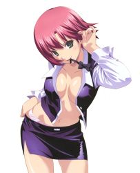 Rule 34 | blush, breasts, cleavage, green eyes, hand on own hip, hip focus, mouth hold, navel, pink hair, rio rollins, short hair, smile, super blackjack