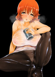 Rule 34 | 1girl, bad id, bad pixiv id, black background, black pantyhose, blush, breasts, brown eyes, covered erect nipples, heavy breathing, large breasts, looking at viewer, nipples, open mouth, original, pantyhose, red hair, sakuru, see-through silhouette, short hair, simple background, sitting, solo, wet, wet clothes
