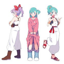 Rule 34 | 1girl, boots, bracelet, braid, breasts, bulma, choker, cleavage, costume chart, crossed arms, dragon ball, dress, flat chest, full body, gum (gmng), jewelry, looking back, open mouth, pointing, ponytail, purple eyes, purple hair, sandals, side ponytail, simple background, skirt hold, smile, standing, standing on one leg, white background