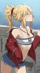 Rule 34 | 1girl, ^ ^, bad id, bad twitter id, bandeau, bare shoulders, blonde hair, blush, braid, breasts, cleavage, closed eyes, cowboy shot, denim, denim shorts, fate/apocrypha, fate (series), french braid, hair ornament, hair scrunchie, hand in pocket, highres, jacket, jewelry, long hair, long sleeves, medium breasts, midriff, mordred (fate), mordred (fate/apocrypha), mordred (memories at trifas) (fate), navel, necklace, o3o, off shoulder, ponytail, profile, red jacket, red scrunchie, scrunchie, short shorts, shorts, sidelocks, solo, spaghetti strap, standing, stomach, tonee