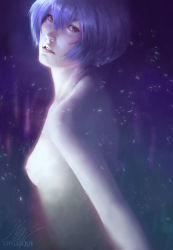 Rule 34 | 1girl, ayanami rei, blue hair, breasts, completely nude, lips, looking at viewer, looking back, neon genesis evangelion, nude, pale skin, realistic, red eyes, shilesque, short hair, small breasts, solo, upper body