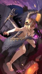 Rule 34 | 1girl, absurdres, anklet, aogiri koukou, armlet, black wings, body markings, breasts, brown hair, covering breasts, covering privates, extra arms, fingernails, gold nails, gold necklace, hair between eyes, highres, horns, jewelry, kkix25, kurikoma komaru, large breasts, magic, nail polish, necklace, night, night sky, nude, purple nails, red eyes, ring, sharp fingernails, short hair, signature, sky, solo, thighlet, toenail polish, toenails, tongue, virtual youtuber, wings