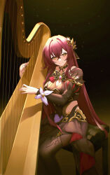 Rule 34 | 1girl, absurdres, black background, black pantyhose, black shirt, blush, breasts, cleavage, eden (honkai impact), feet out of frame, hair ornament, harp, highres, honkai (series), honkai impact 3rd, instrument, large breasts, long sleeves, looking at viewer, music, pantyhose, playing instrument, red hair, shirt, simple background, sitting, smile, stool, tutou jiang, yellow eyes