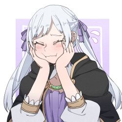 Rule 34 | 1girl, black clover, closed eyes, grey hair, hair ribbon, hands on own face, noelle silva, purple ribbon, ribbon, solo, twintails