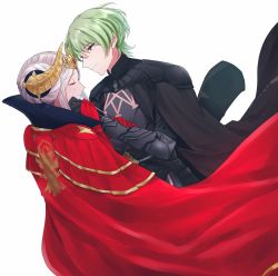 Rule 34 | 123asase, 1boy, 1girl, armor, blush, byleth (fire emblem), byleth (male) (fire emblem), cape, closed eyes, closed mouth, couple, crown, edelgard von hresvelg, fire emblem, fire emblem: three houses, gloves, green eyes, green hair, hetero, highres, holding hands, long hair, nintendo, red cape, short hair, simple background, tearing up, white background, white hair