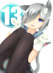Rule 34 | 10s, 1girl, animal ears, black pantyhose, blue eyes, cat ears, cat tail, gloves, grey skirt, hair ornament, hair over one eye, hairclip, hamakaze (kancolle), heart, heart-shaped lock, heart lock (kantai collection), kantai collection, knees together feet apart, lock, looking at viewer, o zone, open mouth, panties, pantyhose, pantyshot, paw pose, school uniform, serafuku, short hair, silver hair, sitting, skirt, solo, striped clothes, striped panties, tail, teeth, underwear, white gloves