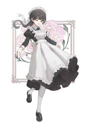Rule 34 | 1girl, ;d, apron, black dress, black footwear, black hair, breasts, collared dress, commentary request, dress, floating hair, flower, frilled apron, frills, full body, grey eyes, highres, juliet sleeves, loafers, long hair, long sleeves, looking at viewer, low ponytail, maid, maid apron, maid headdress, medium breasts, one eye closed, open mouth, original, pantyhose, pink flower, puffy sleeves, shii (kairi-t-k0317), shoes, simple background, smile, solo, standing, standing on one leg, very long hair, white apron, white background, white pantyhose