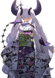 Rule 34 | 1girl, absurdres, ahoge, back, back focus, belt, black belt, black choker, character print, choker, cowboy shot, cuffs, demon horns, floral print, from behind, furisode, grey hair, hair ornament, highres, hololive, horns, japanese clothes, kimono, la+ darknesss, la+ darknesss (new year), long hair, manga (object), nape, obi, obiage, official alternate costume, print kimono, sash, self character print, shackles, sidelocks, signature, simple background, solo, standing, striped horns, tsukino (nakajimaseiki), twintails, very long hair, virtual youtuber, white background, white kimono, wide sleeves