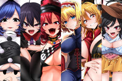 Rule 34 | 6+girls, abs, ahoge, alice margatroid, arm under breasts, bare shoulders, between breasts, bikini, black bikini, black corset, black dress, black eyes, black gloves, black hair, black legwear, black shirt, blonde hair, blue dress, blue eyes, blue hair, blue shirt, blunt bangs, blush, bow, bowtie, breast rest, breasts, brown headwear, buttons, center frills, chibi, choker, cleavage, clenched teeth, closed mouth, clothes lift, commentary request, corset, cowboy hat, cowboy shot, doremy sweet, dress, eyes visible through hair, fang, fangs, frilled dress, frilled hairband, frills, gloves, hair between eyes, hairband, hand to own mouth, hat, head tilt, hecatia lapislazuli, horse girl, houjuu nue, impossible clothes, impossible dress, junko (touhou), kishin sagume, kurokoma saki, large breasts, leaning forward, lifted by self, lolita hairband, long hair, looking at viewer, looking up, medium breasts, medium hair, multiple girls, nail polish, nightcap, off-shoulder shirt, off shoulder, open mouth, orange skirt, plaid, plaid shirt, pom pom (clothes), ponytail, red bow, red bowtie, red eyes, red hair, red headwear, red nails, red ribbon, reisen udongein inaba, ribbon, rihito (usazukin), shirt, shirt lift, short dress, short hair, short sleeves, simple background, skirt, smug, standing, stomach, sweatdrop, swimsuit, t-shirt, tabard, teeth, thighhighs, tongue, touhou, turtleneck, underboob, upper body, white background, white hair, white shirt