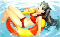 Rule 34 | 1girl, :d, afloat, armpits, bikini, black hair, blue eyes, blush, breasts, brown hair, cleavage, fate/hollow ataraxia, fate/stay night, fate (series), from above, hair ribbon, highres, innertube, legs, light rays, long hair, long legs, lying, navel, official alternate costume, official art, official wallpaper, on back, open mouth, parted bangs, partially submerged, pool, reclining, red bikini, ribbon, smile, soaking feet, solo, sparkle, sunbeam, sunlight, swim ring, swimming, swimsuit, takeuchi takashi, thigh gap, tohsaka rin, twintails, two side up, type-moon, wallpaper, water, wet