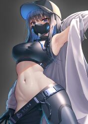 Rule 34 | 1girl, absurdres, armpits, bare shoulders, baseball cap, belt, black belt, black hair, black hat, black pants, black shirt, blue archive, blue eyes, breasts, coat, covered mouth, crop top, gloves, grey background, groin, hat, highres, jacket, large breasts, long hair, looking at viewer, mask, midriff, mouth mask, multicolored hair, navel, okayusonmu, pants, saori (blue archive), shirt, sidelocks, sleeveless, sleeveless shirt, solo, stomach, underbust, undressing, white coat