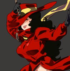 Rule 34 | 1girl, black gloves, black hair, breasts, carmen sandiego, carmen sandiego (series), coat, curly hair, fedora, gloves, hat, hat over one eye, large breasts, lips, lipstick, long coat, long hair, makeup, naked coat, naso4, navel, no panties, one eye covered, out-of-frame censoring, red coat, rope, scarf
