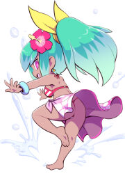 Rule 34 | 1girl, ass, barefoot, beachhime, bikini, earrings, flower, from behind, green hair, hair flower, hair ornament, high ponytail, jewelry, long hair, looking back, multicolored hair, nollety, open mouth, pink eyes, sarong, solo, star (symbol), star earrings, striped bikini, striped clothes, swimsuit, tan, two-tone hair, youkai (youkai watch), youkai watch