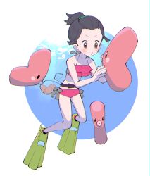 Rule 34 | 1girl, bag, bare arms, bikini, black hair, blush, brown eyes, collarbone, commentary request, creatures (company), dawawa, eyelashes, flippers, game freak, gen 3 pokemon, hair ornament, luvdisc, nintendo, o3o, petite, pink bikini, pokemon, pokemon (creature), short hair, swimsuit, transparent bag, underwater, v-shaped eyebrows, water surface