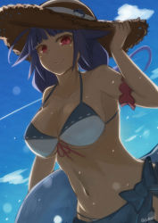 Rule 34 | 10s, 1girl, absurdres, akahuzi, artist name, bad id, bad pixiv id, blue hair, blush, breasts, cleavage, closed mouth, hat, highres, kantai collection, large breasts, long hair, looking at viewer, navel, red eyes, smile, solo, sun hat, swimsuit, taigei (kancolle), twitter username