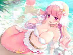 Rule 34 | 1girl, :d, absurdres, arm support, bare shoulders, beach, bikini, bikini top only, blurry, blurry foreground, blush, breasts, cleavage, collarbone, day, depth of field, eyelashes, hair ribbon, hand up, highres, large breasts, long hair, looking at viewer, mermaid, monster girl, non-web source, open mouth, original, outdoors, partially submerged, pink hair, red eyes, ribbon, sand, see-through, shallow water, shiika yuno, sitting, smile, solo, starfish, swimsuit, very long hair, water, white bikini, wrist cuffs, yokozuwari