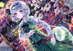 Rule 34 | 1girl, absurdres, architecture, arm under breasts, bad id, bad pixiv id, black bow, black bowtie, black hairband, black ribbon, blush, bow, bowtie, branch, breasts, cherry blossoms, closed mouth, cowboy shot, dutch angle, east asian architecture, expressionless, flower, green skirt, green vest, hair ribbon, hairband, highres, hitodama, huge filesize, juliet sleeves, katana, konpaku youmu, konpaku youmu (ghost), long sleeves, looking at viewer, night, outdoors, pink flower, puffy sleeves, purple eyes, railing, ribbon, sheath, sheathed, short hair, silver hair, skirt, skirt set, small breasts, solo, suzushina, sword, touhou, tree, vest, weapon