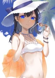 Rule 34 | 1girl, absurdres, aoto sora, bare shoulders, bikini, black hair, blue bow, blue eyes, blurry, blurry background, bow, breasts, brown-tinted eyewear, closed mouth, commentary request, day, depth of field, fuyu (xxfylia), hair between eyes, hands up, hat, hat bow, highres, holding, holding removed eyewear, long hair, navel, outdoors, palm tree, small breasts, smile, solo, station memories, sunglasses, sunglasses removed, swimsuit, tinted eyewear, tree, unworn eyewear, upper body, white-framed eyewear, white bikini, white hat