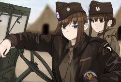 Rule 34 | 2girls, absurdres, airborne, animification, band of brothers, brown eyes, brown hair, brown jacket, brown shirt, car interior, closed mouth, commentary request, expressionless, fte (fifteen 199), green eyes, hair between eyes, hat, highres, jacket, jeep, long hair, looking at viewer, looking to the side, military, military hat, military jacket, military uniform, military vehicle, motor vehicle, multiple girls, parody, shirt, uniform, upper body