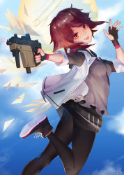 Rule 34 | 1girl, :p, absurdres, aiming, aiming at viewer, arknights, black footwear, black gloves, blue sky, chen3skuld, cloud, cloudy sky, exusiai (arknights), fingerless gloves, gloves, grey shirt, gun, hair between eyes, halo, highres, holding, holding gun, holding weapon, jacket, jumping, kriss vector, leggings, looking at viewer, looking back, red eyes, red hair, shirt, shoes, short hair, sky, sleeves past elbows, sneakers, solo, submachine gun, tongue, tongue out, weapon, white jacket, wings