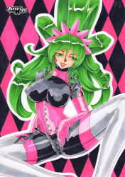 Rule 34 | black background, black suit, bodysuit, boots, breasts, card, corset, fingering, formal, gloves, green eyes, grey hair, highres, joker (playing card), large breasts, latex, latex bodysuit, latex gloves, non-web source, pink background, pink headwear, playing card, pussy, rubber boots, rubber gloves, solo, suit, thighhighs
