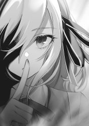 Rule 34 | 1girl, finger to mouth, greyscale, hair between eyes, hair over one eye, hair ribbon, highres, lily (spy kyoushitsu), looking at viewer, medium hair, monochrome, novel illustration, official art, open mouth, ribbon, solo, spy kyoushitsu, tomari (veryberry00)