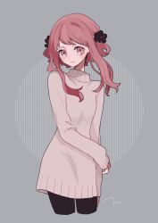 Rule 34 | 1girl, absurdres, black pantyhose, closed mouth, cropped legs, dress, flower, grey background, hair flower, hair ornament, highres, long hair, long sleeves, looking at viewer, maco22, original, pantyhose, pink eyes, pink hair, sidelocks, signature, sleeves past wrists, smile, solo, sweater, turtleneck, turtleneck sweater, white sweater