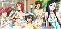 Rule 34 | 00s, 5girls, akane soir, angry, bare shoulders, bath, bathing, bikini, black hair, blush, breasts, brown eyes, brown hair, chie hallard, cleavage, clenched teeth, closed eyes, covering privates, drill hair, flat chest, green eyes, grin, hand on own hip, hip focus, impossible towel, juliet nao zhang, long hair, magazine scan, medium breasts, megami magazine, morishita hiromitsu, multiple girls, my-otome, naked towel, natsuki kruger, navel, non-web source, nude cover, official art, onsen, pink hair, quad tails, red hair, scan, shiho huit, short hair, smile, steam, submerged, swimsuit, teeth, towel, towel on head, underboob, wading, water, wet, yuuki nao