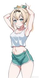 Rule 34 | 1girl, aqua eyes, armpits, blonde hair, breasts, casual, cleavage, commission, crop top, dolphin shorts, hair between eyes, hairband, highres, hololive, kazama iroha, looking at viewer, lw goombang, medium breasts, medium hair, midriff, navel, ponytail, shorts, simple background, smile, solo, tank top, thighs, tying hair, virtual youtuber, white background