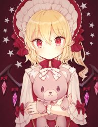 Rule 34 | 1girl, blonde hair, blush, bonnet, classic lolita, crystal, hugging doll, flandre scarlet, highres, honotai, lolita fashion, looking at viewer, hugging object, one side up, pointy ears, red eyes, simple background, solo, star (symbol), stuffed animal, stuffed toy, sweet lolita, teddy bear, touhou, upper body, wavy hair, wings, wrist cuffs