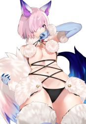 Rule 34 | 1girl, adapted costume, animal ears, blue gloves, breasts, closed mouth, cosplay, cross-laced clothes, elbow gloves, fate/grand order, fate (series), fou (fate), fou (fate) (cosplay), from below, fur trim, gloves, hair over one eye, highres, holding tail, looking at viewer, mash kyrielight, mash kyrielight (dangerous beast), medium breasts, navel, official alternate costume, pink eyes, pink hair, revealing clothes, short hair, simple background, sino42, solo, standing, tail, thighhighs, thighs, white background