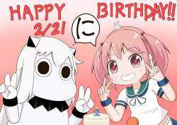 Rule 34 | (o) (o), 10s, 2girls, abyssal ship, animal, animal on head, arms up, birthday cake, rabbit, cake, candle, commentary request, double v, food, grin, hair bobbles, hair ornament, happy birthday, horns, kantai collection, long hair, looking at viewer, midriff, moomin, moomintroll, multiple girls, muppo, northern ocean princess, on head, pink background, pink eyes, pink hair, sazanami (kancolle), sazanami konami, school uniform, serafuku, short sleeves, sidelocks, skirt, smile, translation request, twintails, upper body, v, white hair, wristband