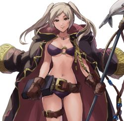Rule 34 | 1girl, belt, bikini, book, breasts, brown eyes, brown gloves, cleavage, cloak, cowboy shot, fire emblem, fire emblem awakening, fire emblem heroes, fish, gloves, harpoon, highres, jewelry, kometubu0712, leather, leather gloves, long hair, looking at viewer, medium breasts, navel, necklace, nintendo, o-ring, o-ring bikini, purple bikini, robin (female) (fire emblem), robin (fire emblem), silver hair, simple background, smile, solo, swimsuit, thigh strap, twintails, white background