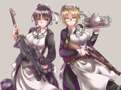 Rule 34 | 2girls, ammunition, ammunition belt, ammunition pouch, apron, ascot, ayyh, belt, belt pouch, black hair, blonde hair, blush, bow, bowtie, breasts, brown eyes, bucket, buckle, bullet, bullpup, cartridge, clip (weapon), cowboy shot, cup, dress, frilled dress, frills, glasses, grey background, gun, hair between eyes, hair ornament, hand up, hat, highres, holding, holding gun, holding tray, holding weapon, long sleeves, looking at viewer, looking away, maid, maid apron, maid cap, maid headdress, medium breasts, mob cap, multiple girls, plate, pouch, red eyes, ribbon, rifle, saucer, shell casing, short hair, sidelocks, simple background, skirt, smile, strap, tea, tea set, teacup, teapot, tray, water, weapon, white bow, wrist cuffs