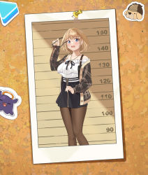 Rule 34 | 1girl, absurdres, akai haato, blonde hair, blue eyes, bow, breasts, brown eyelashes, brown pantyhose, bubba (watson amelia), bulletin board, d:, detective, furrowed brow, hair between eyes, hair ornament, height chart, highres, holding, holding removed eyewear, hololive, hololive english, holstered, looking at viewer, medium breasts, open mouth, pantyhose, photo (object), pin, quatthro, sherlock holmes, short hair, shoulder strap, solo, sticker, takodachi (ninomae ina&#039;nis), unworn eyewear, virtual youtuber, watson amelia, watson amelia (2nd costume)