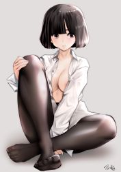 Rule 34 | 1girl, arm support, artist name, black hair, black pantyhose, blunt bangs, bob cut, breasts, cleavage, commentary request, dress shirt, full body, grey background, highres, indian style, large breasts, leg hold, light frown, no bra, open clothes, open shirt, original, pantyhose, shirt, short hair, signature, simple background, sitting, solo, souryu, white shirt