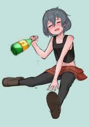 Rule 34 | alcohol, black hair, black legwear, black tank top, blush, bottle, censored, drooling, closed eyes, glass bottle, highres, kaban (kemono friends), kemono friends, loafers, mosaic censoring, open mouth, shoes, simple background, sitting, spill, spilling, tank top, yakko picture