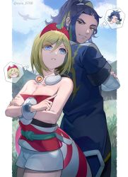 Rule 34 | 1boy, 1girl, absurdres, adaman (pokemon), blonde hair, blue coat, blue eyes, breasts, cleavage, closed mouth, cloud, coat, collar, commentary request, creatures (company), day, eyebrow cut, eyelashes, frown, game freak, hair between eyes, hairband, highres, irida (pokemon), looking back, moa (ywud8425), nintendo, outdoors, pillarboxed, pokemon, pokemon legends: arceus, red hairband, red shirt, sash, shirt, short hair, shorts, sky, strapless, strapless shirt, thought bubble, waist cape, white shorts