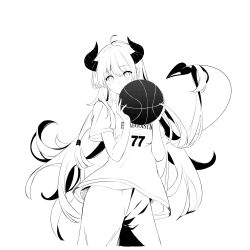 Rule 34 | 1girl, absurdres, ahoge, ball, basketball, basketball (object), blush, closed mouth, clothes writing, commentary request, cowboy shot, demon girl, demon horns, demon tail, greyscale, hair between eyes, highres, holding, holding ball, horns, kashima ema, long hair, looking at viewer, monochrome, original, shirt, short hair, simple background, smile, solo, standing, tail, tail raised, very long hair, white background