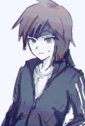Rule 34 | 1other, alternate costume, androgynous, asymmetrical hair, atoymk, black jacket, brown eyes, brown hair, chromatic aberration, closed mouth, grey background, jacket, kurohebi, len&#039;en, long sleeves, other focus, partially unzipped, ringed eyes, sanpaku, shirt, simple background, sketch, smile, solo, sweat, track jacket, upper body, white shirt