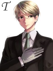 Rule 34 | androgynous, black jacket, blonde hair, brown eyes, closed mouth, collared shirt, formal, gender request, gloves, green necktie, grey gloves, hair between eyes, hand on own chest, jacket, long sleeves, looking at viewer, looking to the side, milcho, necktie, red lips, sawamura tetsuo, shade, shirt, short hair, simple background, smile, solo, suit, upper body, white background, white shirt, yuureitou