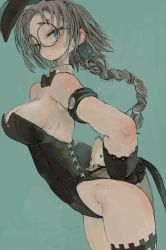 Rule 34 | 1girl, animal ears, armband, black bow, black bowtie, black gloves, black leotard, blue eyes, bow, bowtie, braid, breasts, close-up, closed mouth, cowboy shot, detached collar, ebimomo, fake animal ears, from side, gloves, green background, grey hair, hair ornament, hairband, hairclip, highleg, highleg leotard, large breasts, leotard, looking at viewer, looking to the side, mole, mole under eye, original, playboy bunny, rabbit ears, simple background, single braid, solo, standing, thigh strap