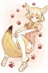 Rule 34 | 10s, 1girl, :3, animal ears, bad id, bad twitter id, blonde hair, brown eyes, eyebrows, eyelashes, fennec (kemono friends), floating, fox ears, fox tail, full body, fur-trimmed gloves, fur trim, gloves, hands on own knees, highres, jitome, kemono friends, knees together feet apart, kurodeko, loafers, looking at viewer, neck ribbon, paw print, paw print background, pink background, pink shirt, puffy short sleeves, puffy sleeves, ribbon, shirt, shoes, short hair, short sleeves, skirt, smile, smug, socks, solo, tail, thighhighs, white footwear, white gloves, white skirt, yellow ribbon