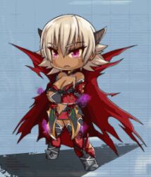 Rule 34 | 1girl, :&lt;, :3, alternate costume, alternate form, alternate skin color, animated, animated gif, aura, bare shoulders, blonde hair, boots, breasts, cape, chibi, clothing cutout, corruption, dark-skinned female, dark skin, demon girl, dual wielding, energy, full body, glowing, holding, holding knife, holding weapon, horns, igawa sakura, knife, leotard, lilith-soft, looking to the side, lowres, medium breasts, miniskirt, navel cutout, red eyes, revealing clothes, serious, shiny skin, short hair, simple background, skin tight, skirt, solo, taimanin (series), taimanin asagi, taimanin rpgx, thigh boots, thighhighs, weapon, wide hips