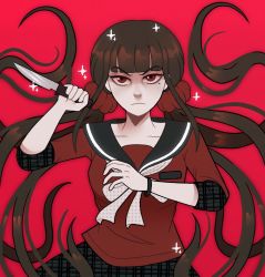Rule 34 | 1girl, blunt bangs, bracelet, breast pocket, brown hair, collarbone, commentary, danganronpa (series), danganronpa v3: killing harmony, english commentary, floating hair, hair ornament, harukawa maki, highres, holding, holding knife, jewelry, kate (pinkitereu), knife, long hair, long sleeves, looking at viewer, low twintails, mole, mole under eye, pleated skirt, pocket, red background, red eyes, red scrunchie, red shirt, sailor collar, school uniform, scrunchie, serafuku, shirt, skirt, solo, twintails