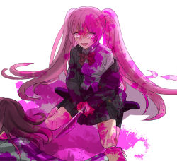Rule 34 | 10s, 2girls, bad id, bad pixiv id, blood, blood on face, blood on clothes, corpse, danganronpa (series), knife, long hair, mother and daughter, multiple girls, okuragon, pink blood, pink eyes, pink hair, pleated skirt, school uniform, skirt, smile, solo focus, spoilers, tears, twintails, utsugi kotoko, very long hair, danganronpa another episode: ultra despair girls