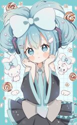 Rule 34 | 1girl, :&lt;, absurdres, aobahosino, bare shoulders, belt, black skirt, black sleeves, blue border, blue bow, blue eyes, blue hair, blue necktie, blush stickers, border, bow, cinnamiku, cinnamon roll, cinnamoroll, closed mouth, collared shirt, commentary, cowboy shot, detached sleeves, grey shirt, hair between eyes, hair bow, hair ornament, hairclip, hands framing own cheeks, hatsune miku, head tilt, headset, highres, long sleeves, looking at viewer, loose belt, necktie, number tattoo, outside border, pleated skirt, pout, sanrio, shirt, short hair, simple background, skirt, sleeveless, sleeveless shirt, solo, tattoo, updo, vocaloid, white background